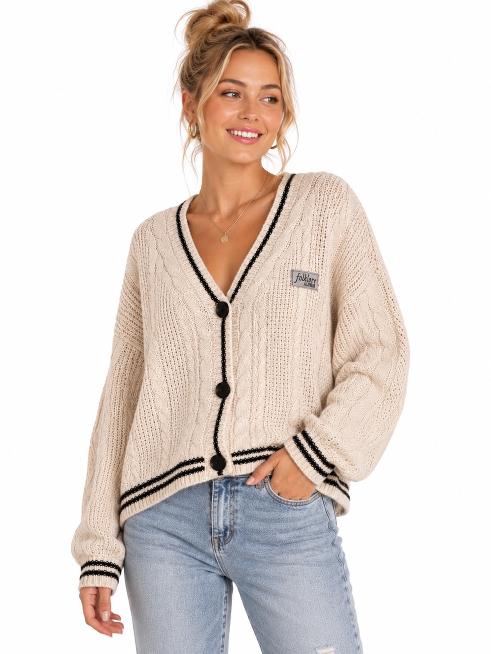 Taylor Swift Folklore Album Cardigan Cream & Black Cable Knit Sweater MD/LG
